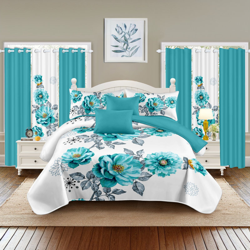 King Size Comforter Set 9 Pieces, All Season Luxury Bed in a Bag for Bedroom, With Matching Curtains, Soft Microfiber, Sapphire Flower