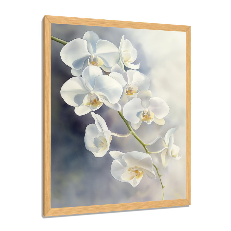 Cascade d'orchidées blanches et jaunes sur fond blanc - Tableau encadré, H 32 po x l 16 po, Natural Picture Framed