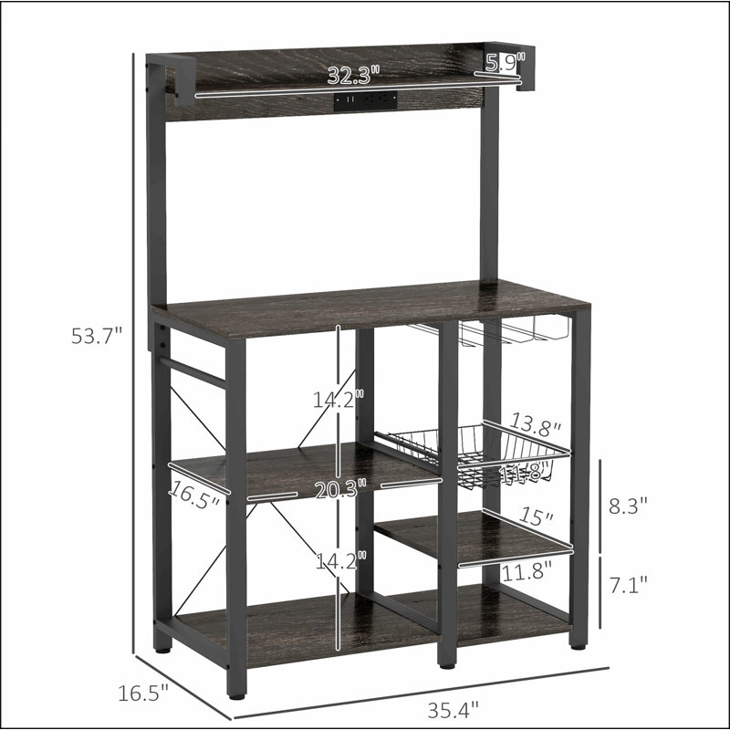 HOMCOM Baker's Rack with Power Outlet and LED Lights, Bakers Racks for Kitchens with Storage, Industrial Microwave Stand with Glass Holders, Metal Basket, Multiple Shelves, Rustic Brown