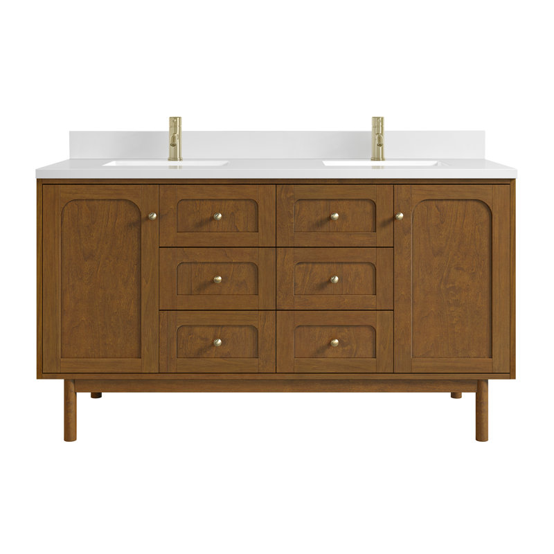 Laurent 60" Double Vanity, Single Hole, White Zeus, Honey Oak