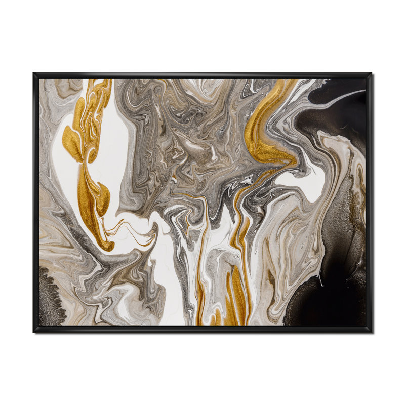 Vagues de marbre dorées et grises - peinture sur toile, H 12 po x l 20 po, Cadre flottant noir