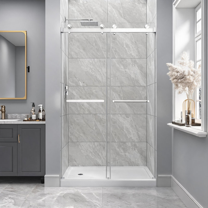 Porte de douche coulissante double en verre trempé nickel brossé de 109 à 122 cm avec pellicule nano anti-explosion