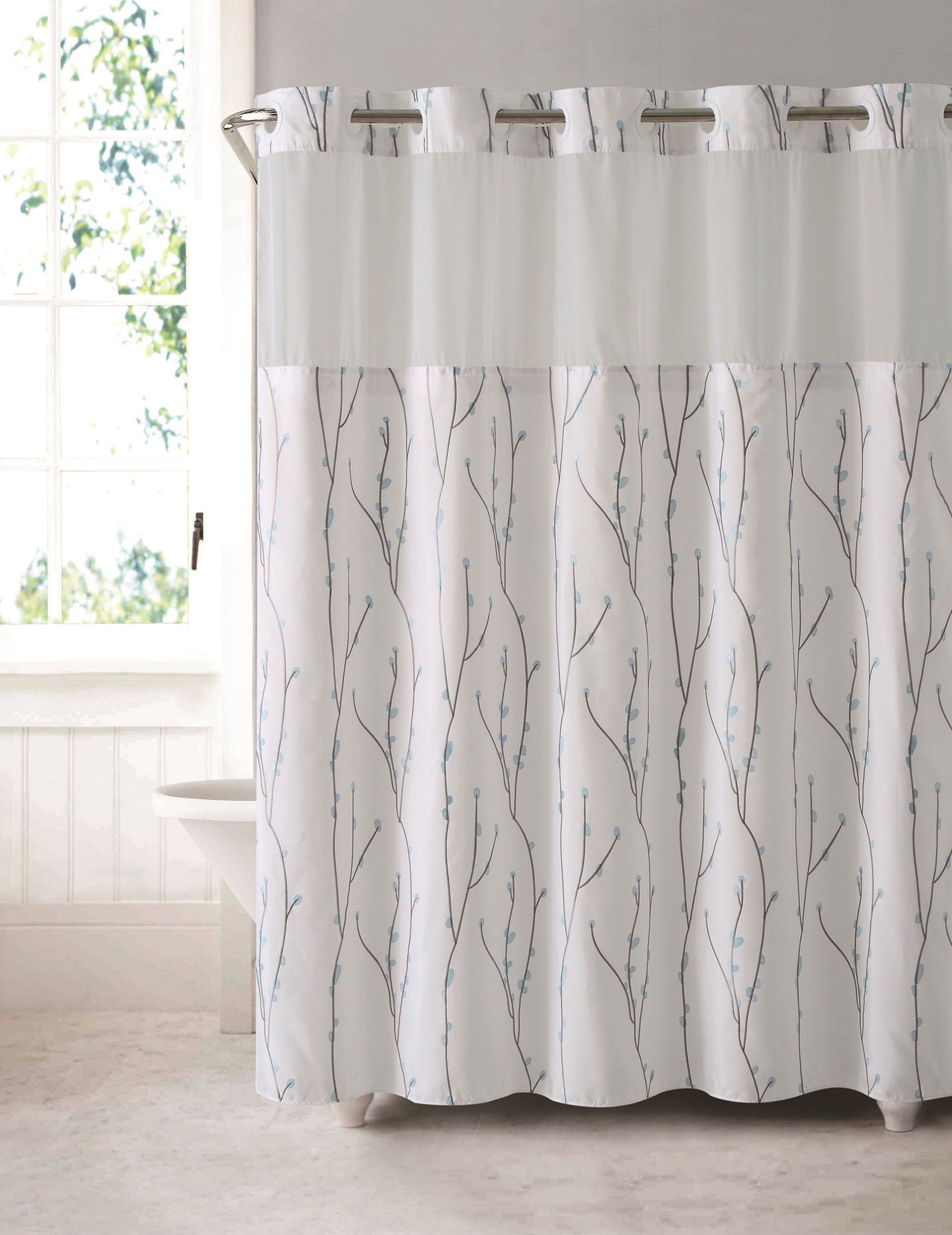 Hookless RBH40MY079 White Blue Cherry Bloom Shower Curtain with Peva Liner
