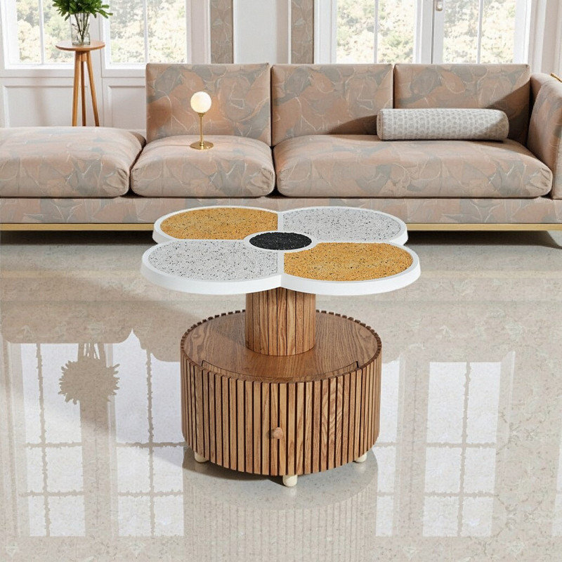Table d'appoint à quatre feuilles en forme de trèfle avec tiroir de rangement coulissant et base en grain de bois