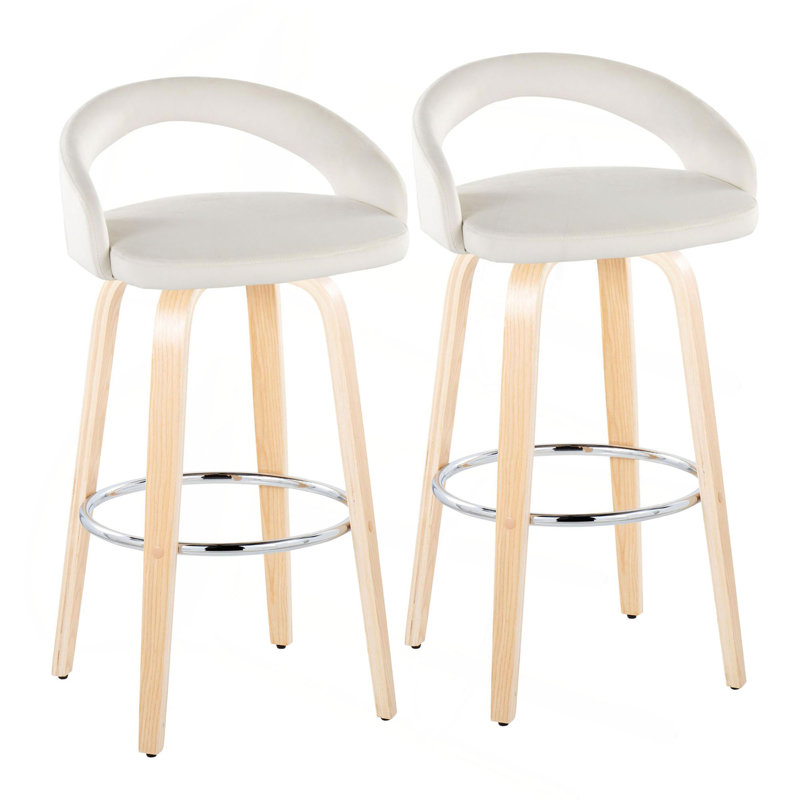 Tabouret de bar à hauteur fixe avec pivot en bois et velours blanc avec repose-pieds rond en métal - ensemble de 2, Naturel