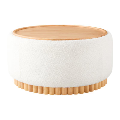 29" Round With Reversible Lid, Wood Base, Boucle Fabric, Multi - Functional, Storage Compartment For Living Room Modern Hidden Storage, No Assembly Space