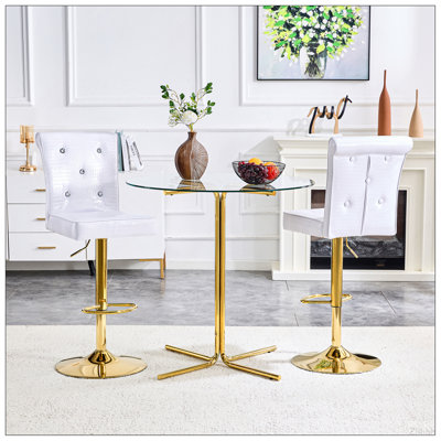 Ensemble de table de bar et de tabourets Modern, table de pub ronde en verre avec base en chrome doré et 2 tabourets de bar en cuir de polyuréthane gaufré blanc avec hauteur réglable et pivotant, ensemble bistro Home Bar