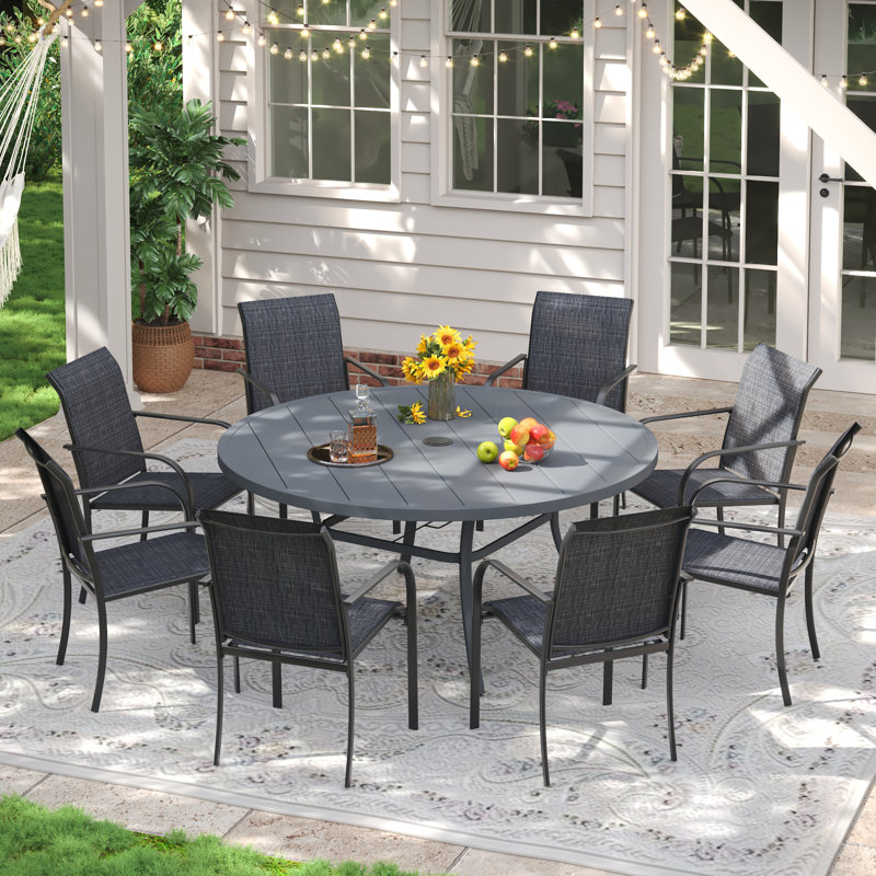 8-Person Outdoor Patio Dining Set With Stacking Armchair, Gray