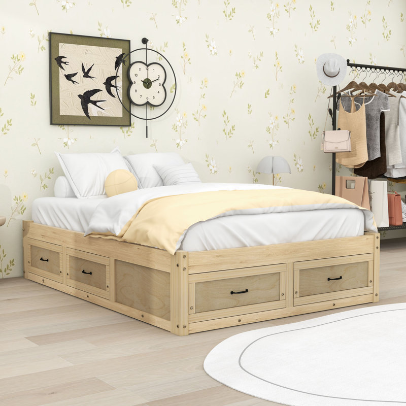 Wooden Platform Bed with 6 Drawers, Antique Natural, Full