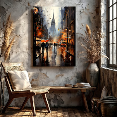 Rainy City Street, parapluie urbain, impression sur toile murale, art décoratif décoratif contemporain pour le salon, chambre, bureau, couloir, appartement, galerie, décoration murale