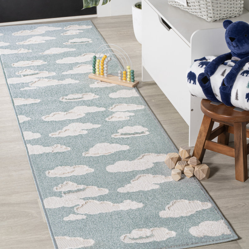 Hedwig High-Low Youth Cloud Scandi Indoor/Outdoor Rug, Runner 2' x 8', Blue/Ivory 