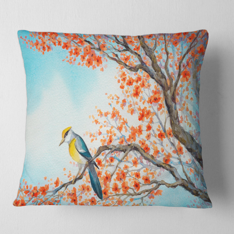 Housse de coussin et insert carré bel oiseau sur une branche en fleurs, 16" x 16"