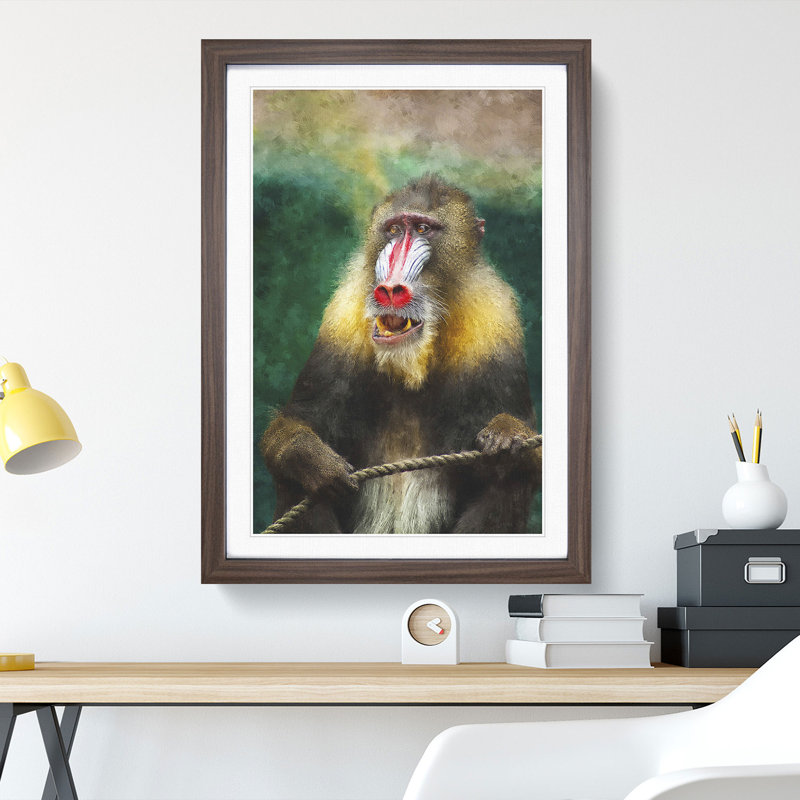 Mandrill Baboon Monkey - Picture Frame Painting, Walnut Framed, 48cm H x 36cm W x 2cm D