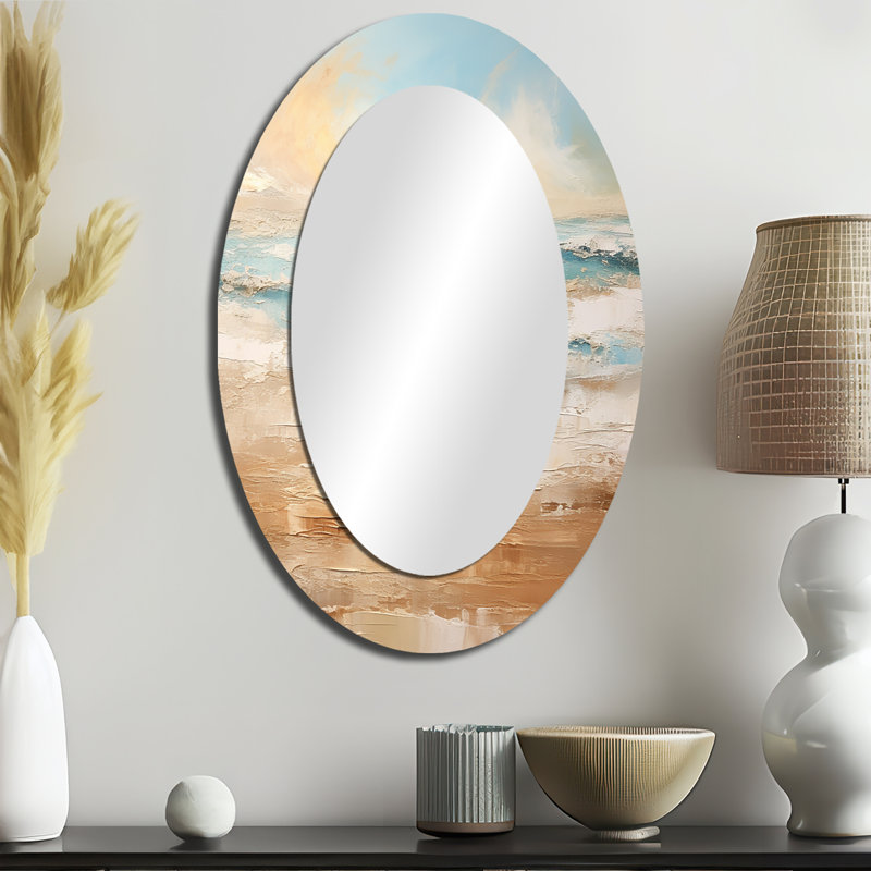 Golden And Blue Beach Tranquility II - Beige Coastal Oval Wall Mirror, 36" x 24"