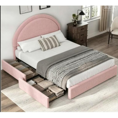 Bouclé Upholstered Bed with MDF Semi-Circular Base and 2 Drawers