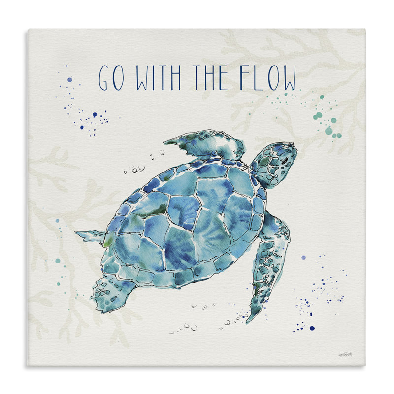 «Go with the Flow», citation, tortue, tortue, bleu, vert, aquarelle par Anne Tavoletti - impression, H 36 po x l 36 po