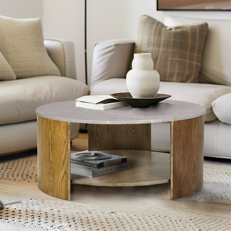 Table basse ronde avec matériaux mixtes avec tablette