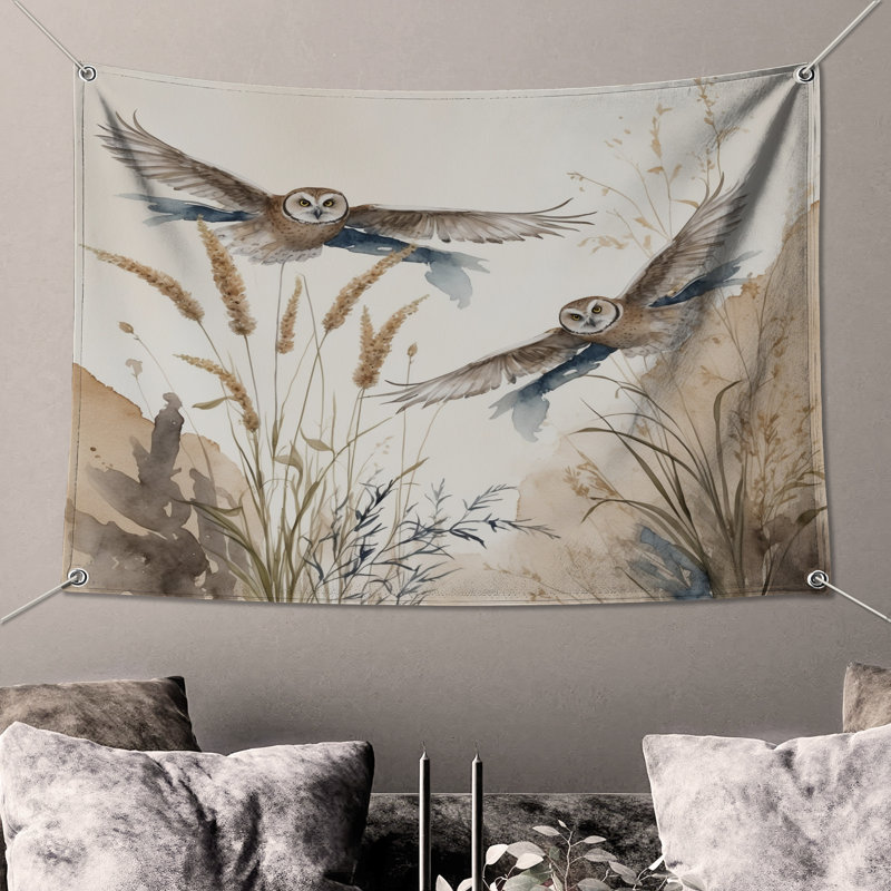 Tapisserie murale hiboux en vol - Décoration murale hiboux, H 50 po x l 60 po avec 4 œillets