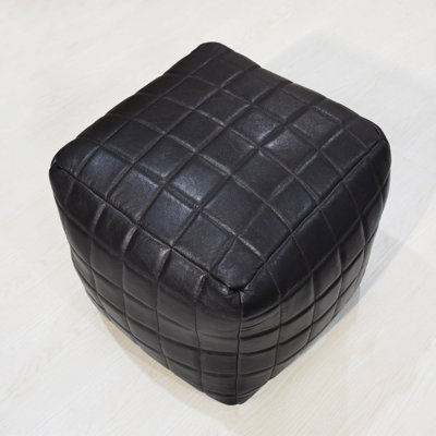 Handmade Eco-friendly Square Shaped Stuffed Goat Leather Black Pouf 21x21x12 Square Shape