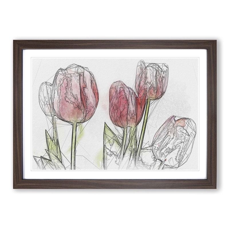 Beautiful Pink Tulips in Abstract - Picture Frame Graphic Art Print, 27cm H x 36cm W x 2cm D, Walnut Framed