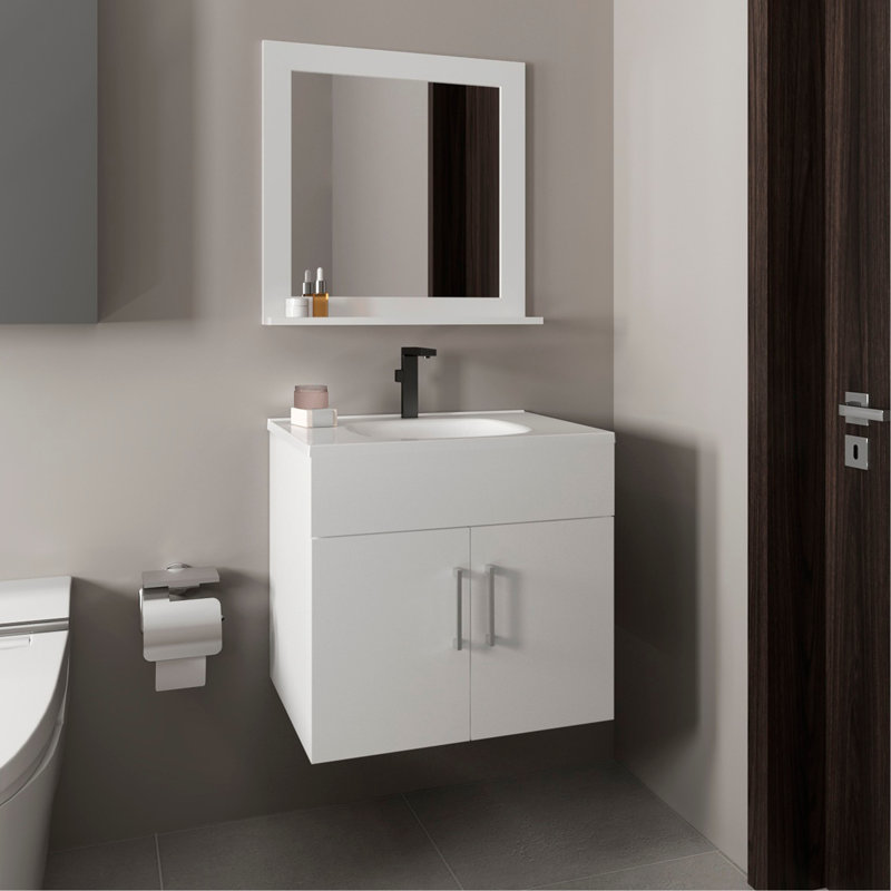 Ensemble de salle de bain, lavabo + miroir, 2 portes, 1 tablette, 1 miroir (PAS DE ROBINET INCLUS), Blanc, Blanc