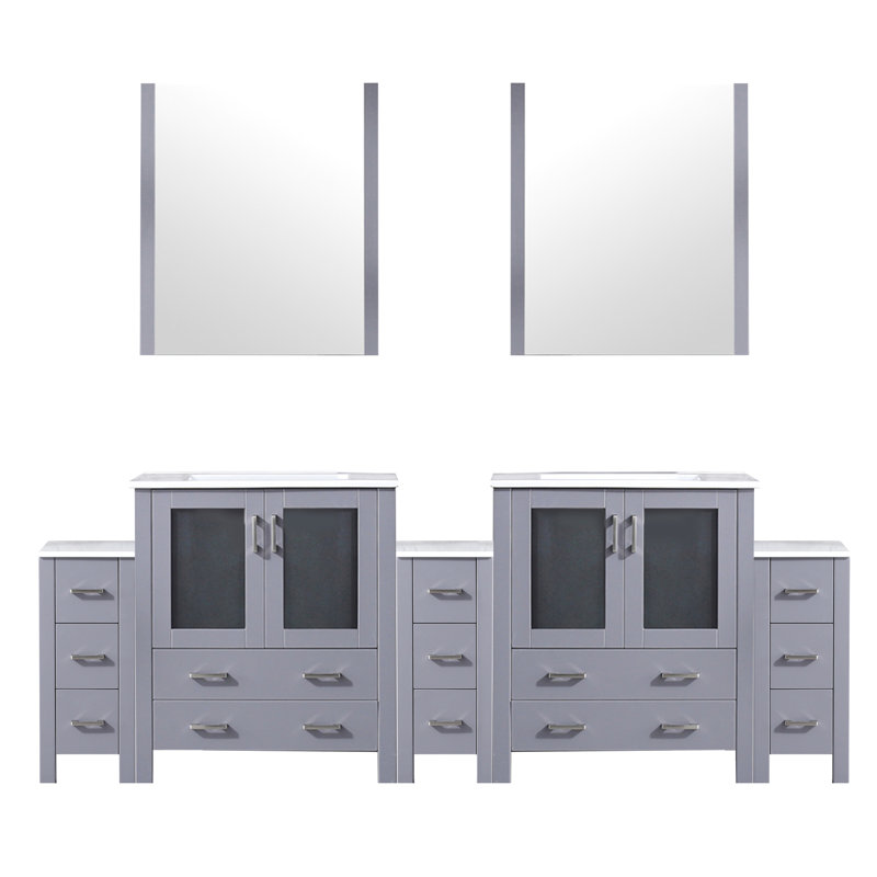 Meuble-lavabo double gris foncé de 96 po Largeur, profondeur de 18,25 po, plateau en céramique blanche, miroirs et fermeture en douceur et en douceur de l x P, sans effort