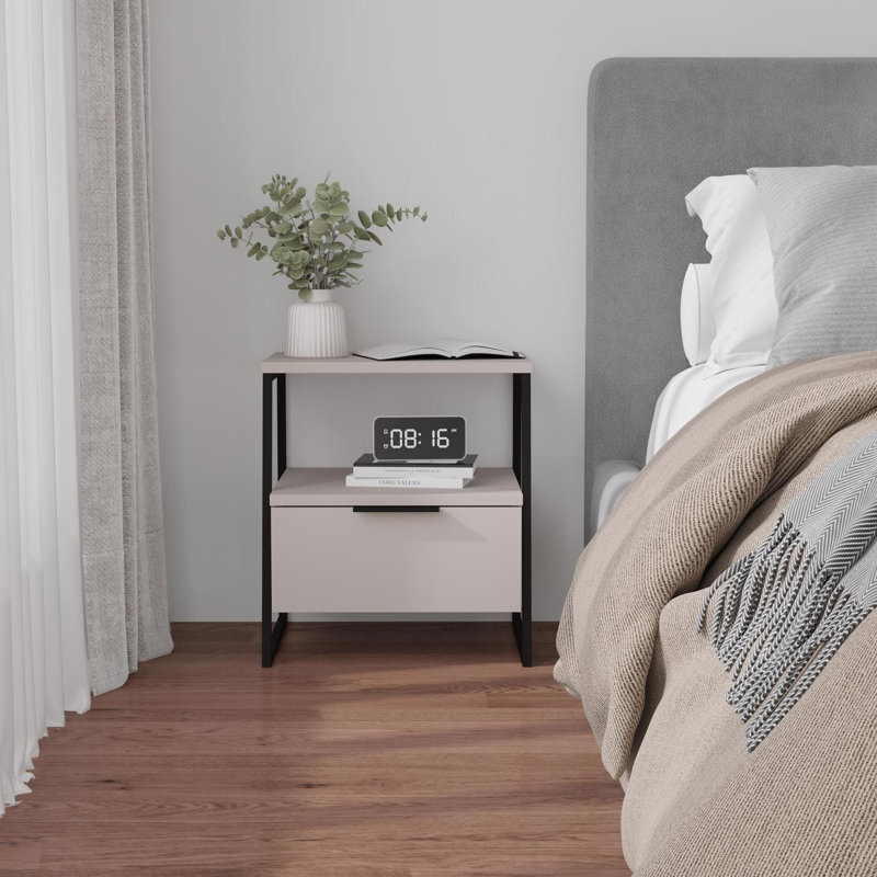 Sushama Modern Bedside Table With Drawer 45cm Wide, Light Grey