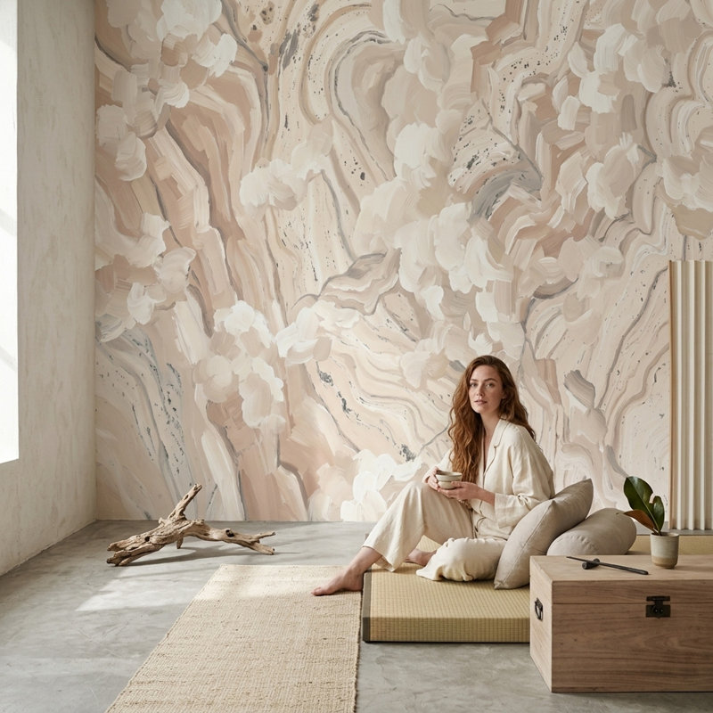 Papier peint effet marbre beige neutre neutre amovible, Non tissé, 120 po x 96 po