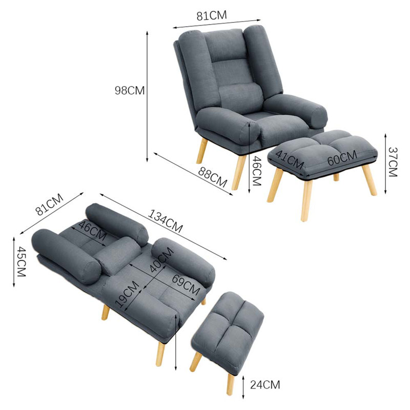 Denzel Upholstered Accent Chair with Footstool, Grey