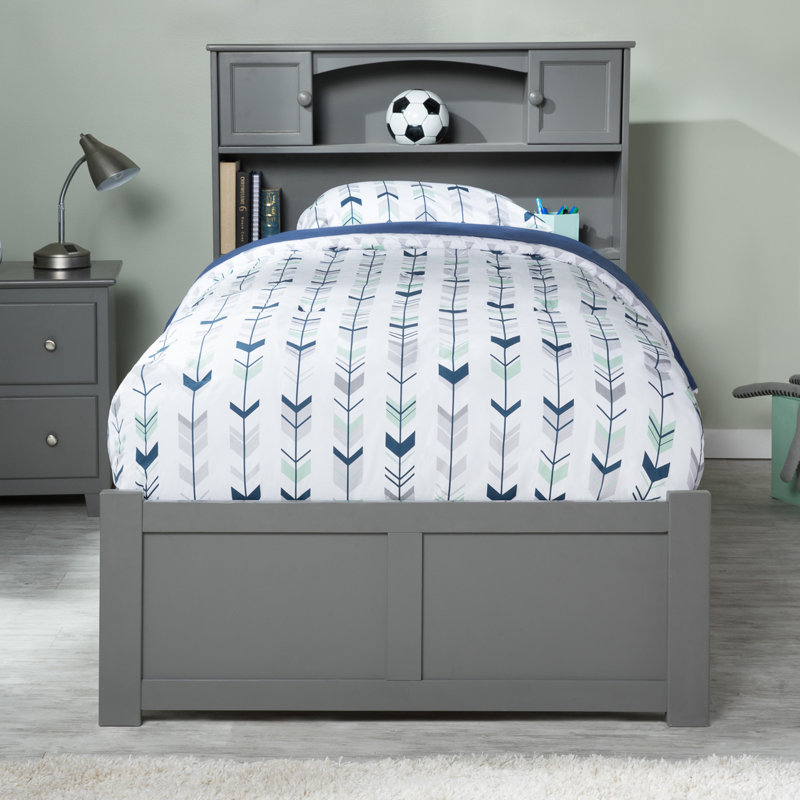 Bouldin Solid Wood Platform Bed with Bookcase & Storage Drawer, Twin, Gray