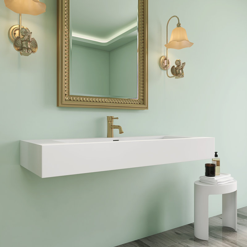  48 X 18 In. Solid Surface Wall Mount Or Countertop Bathroom Vessel Sink With Single Faucet Holes In Matte White