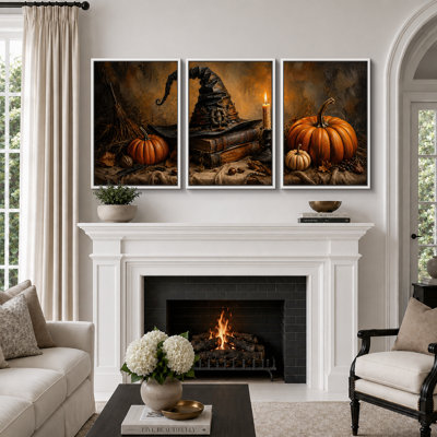 Nature morte citrouille et chapeau de sorcière, tableau d'entrée, impression giclée sur toile encadrée en 3 pièces (61 x 91 cm x 3 pièces)