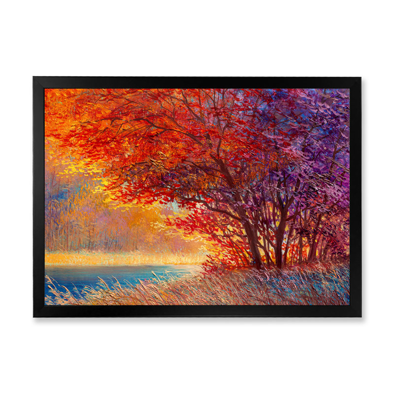 " Lake On Autumn Maple Forest ", Black Picture Framed, 8" H x 12" W x 1" D
