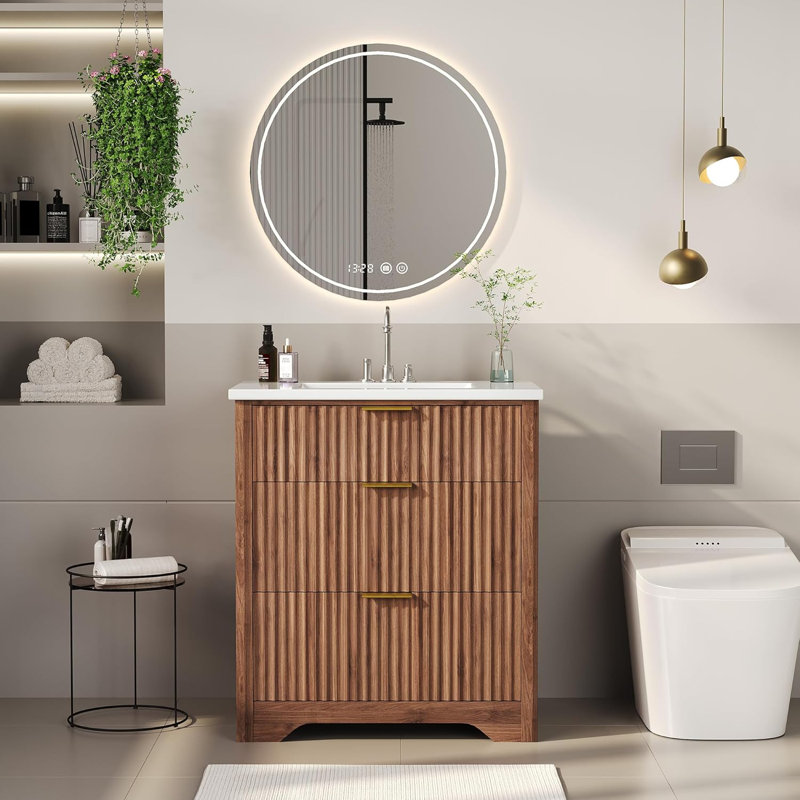 24" Fluted Bathroom Vanity with Sink, Farmhouse Freestanding Vanity Cabinet with 2 Drawers & Flip Drawer, Easy Clean, Walnut