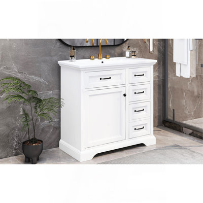 Meuble-lavabo 36 po avec lavabo, lavabo en céramique, 2 tiroirs basculants, charnières de porte à fermeture en douceur, blanc