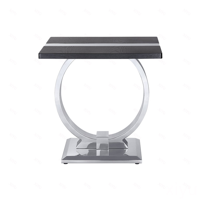 Table d'appoint luxueuse avec piètement en forme de O, fini noir et argenté, en acier inoxydable, pour salon, Argent