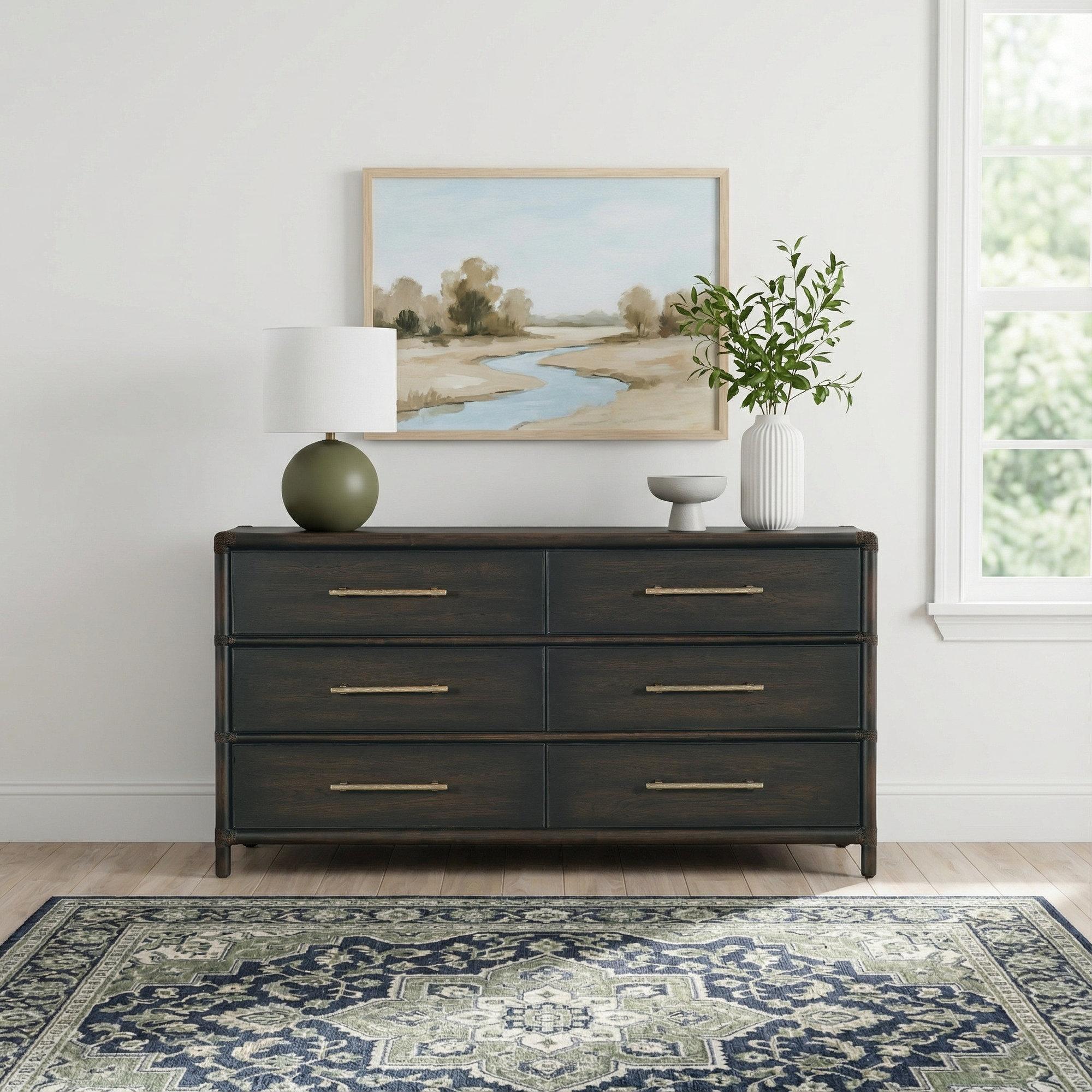 6 - Drawer 68" W Dresser, Dark Wood/Black Sand
