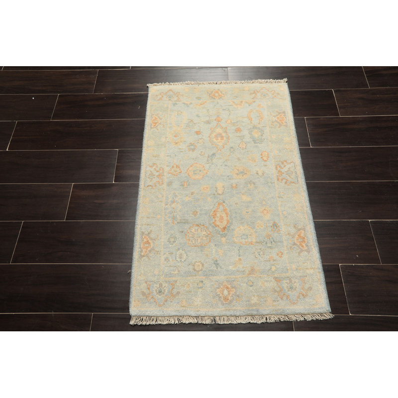 Tapis transitionnel bleu en laine noué à la main 2 x 3