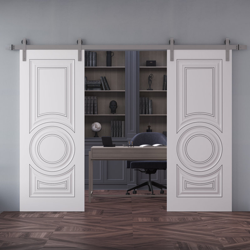 Double porte de grange | Émail impérial blanc 1855 | Ensemble de rail 13 pi | Portes intérieures solides, 56 po x 96 po