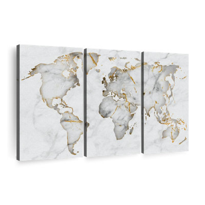 " White Marble World Map " 3 Piece Art Set