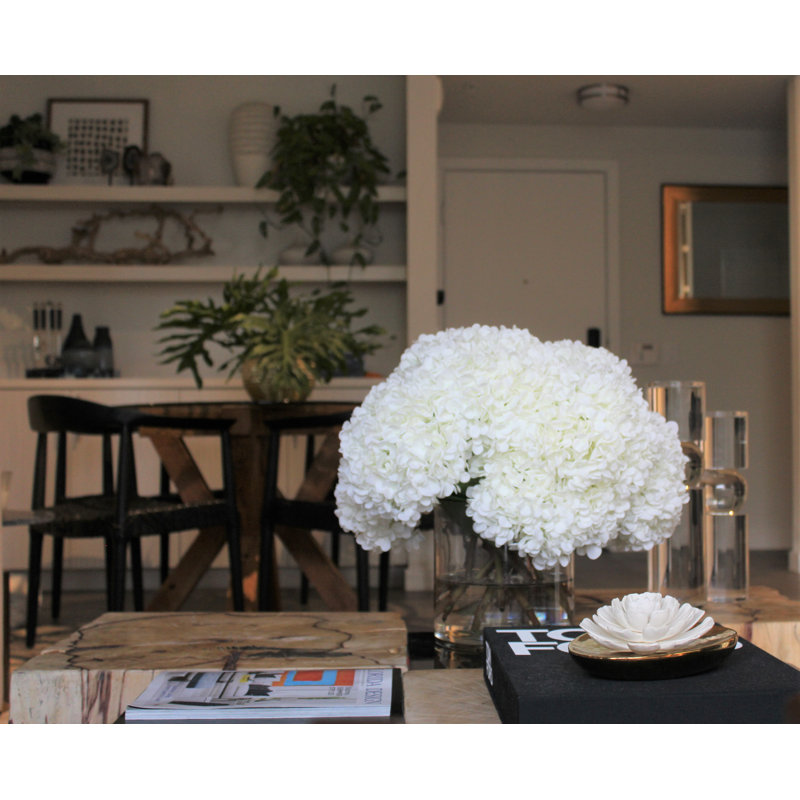 White Hydrangeas In Clear Glass Cylinder Vase, 16" H x 18" W x 18" D, White