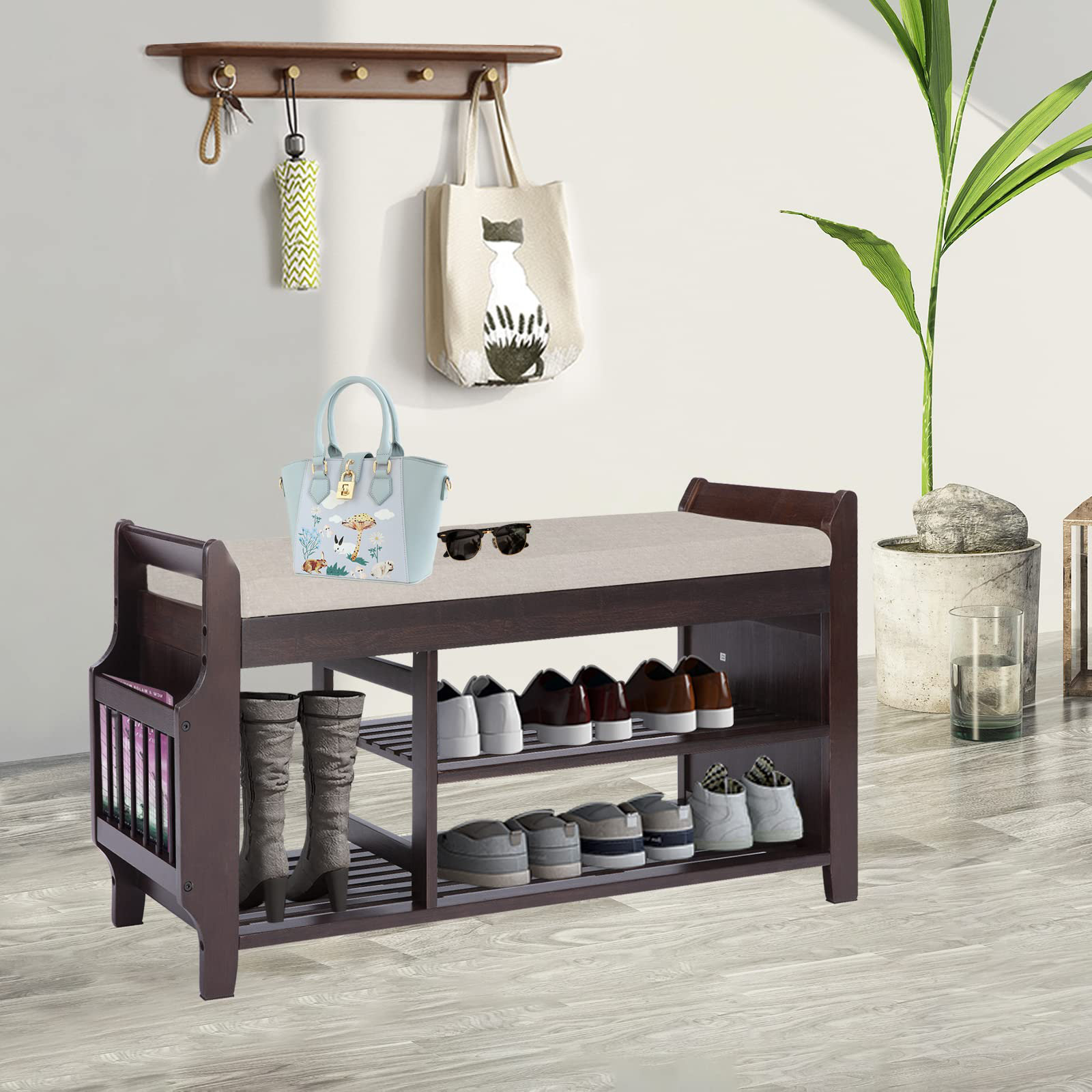 Shoe Rack Bench Entryway 3-Tier Bamboo Shoe Organizer With Cushion - View #13
