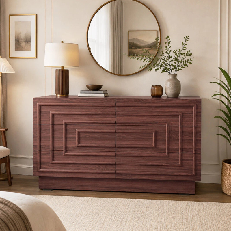 Buffet/meuble-lit à 6 tiroirs de 145 cm (57,2 po) pour chambre à coucher ou salon, Brun chaud