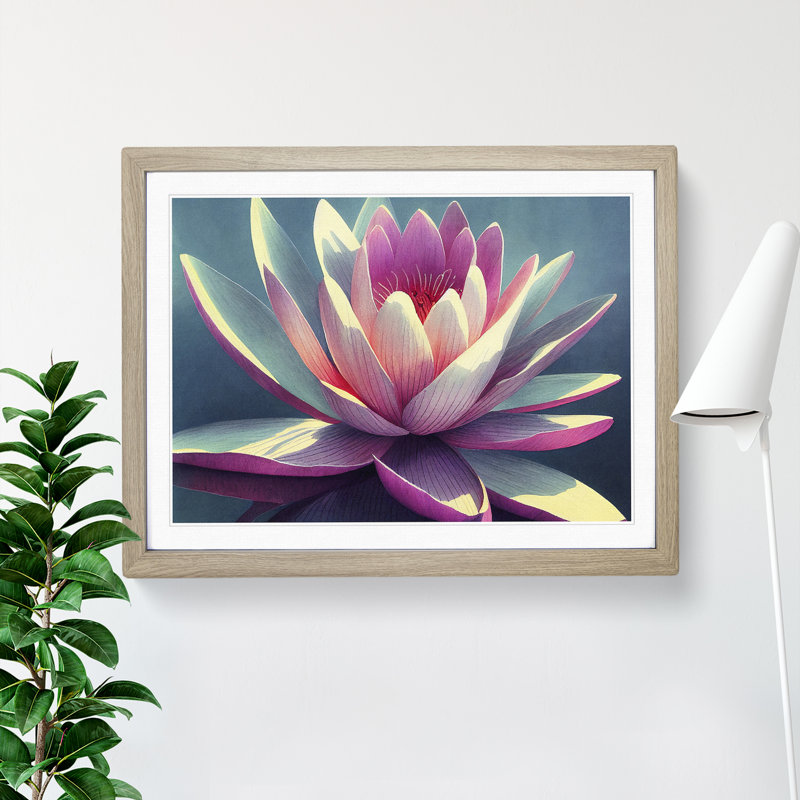 Flashy Water Lily Flower - Single Picture Frame Painting, Oak, 25cm H x 34cm W x 2cm D
