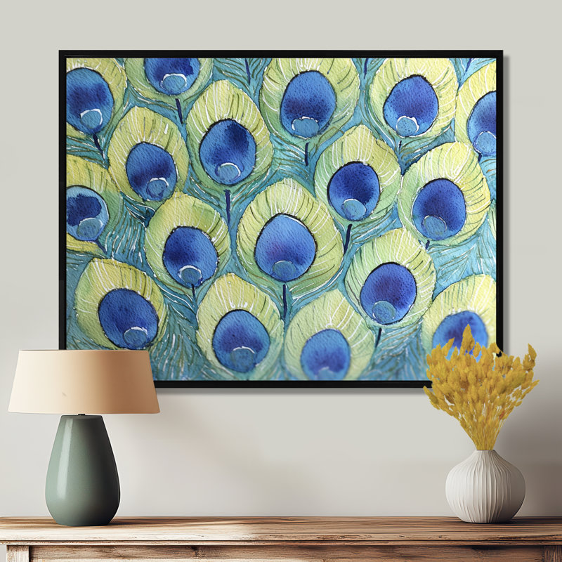 «Grindle Blue and Green Peacock Feather Collage IV», art mural sur toile paon, Noir, H 12 po x l 20 po, Cadre flottant