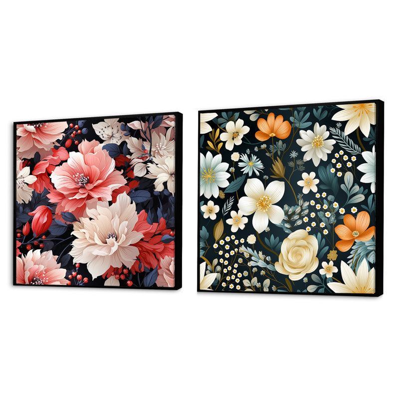 Hann - Ensemble de 2 collages carrés floraux, Cadre flottant noir, H 36 po x l 73 po