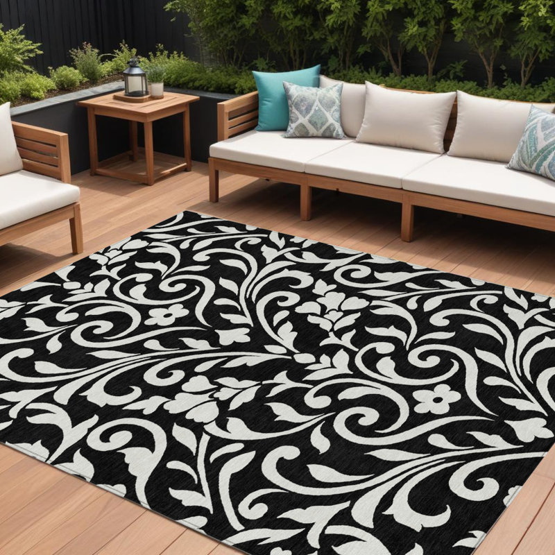 Tapis intérieur lavable floral noir et ivoire 8 pi x 10 pi