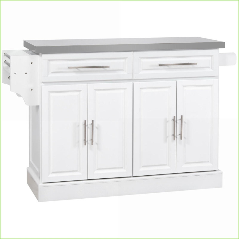 Îlot de cuisine avec rangement, chariot roulant portatif avec plateau en acier inoxydable, tiroirs, supports, armoires | Blanc | Panneau de fibres à densité moyenne