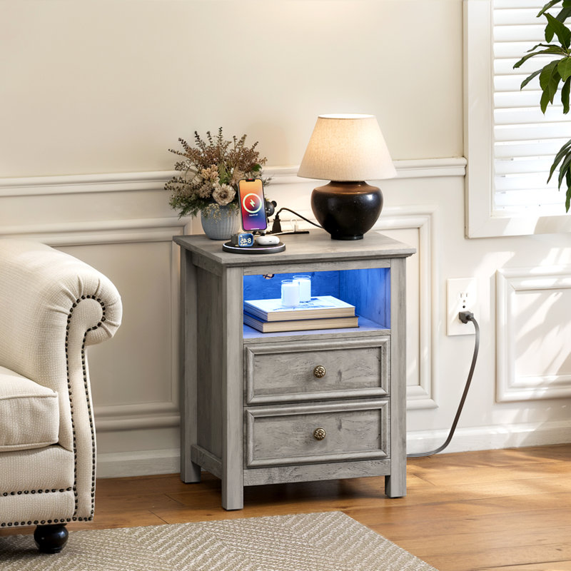  2 -Drawer Nightstand With Charging Station And Led Lights, Bed Side Table And End Table With Open Storage, Individual