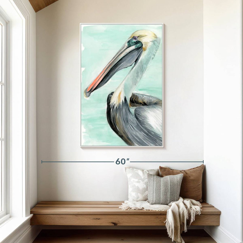 Pélican turquoise II, Cadre flottant blanc, 31" x 46"
